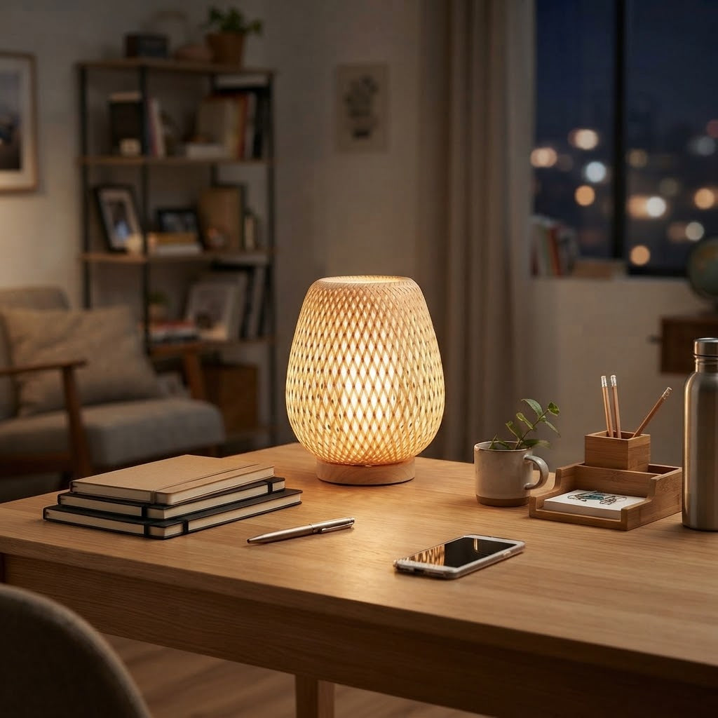 Lampe de bureau en rotin tressé au style naturel