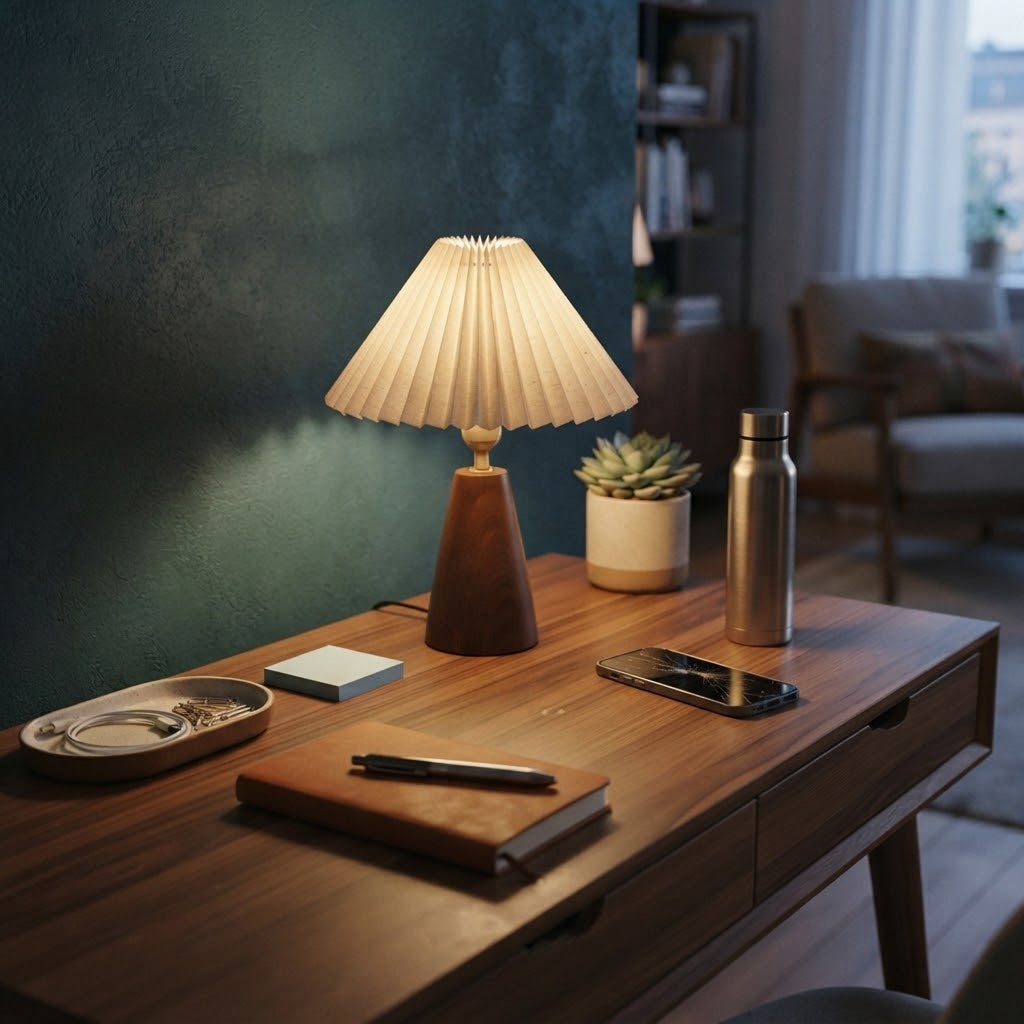 Lampe de bureau plissée avec pied en bois