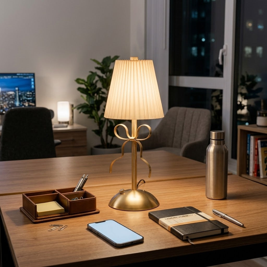 Lampe de bureau rétro dorée avec abat-jour plissé