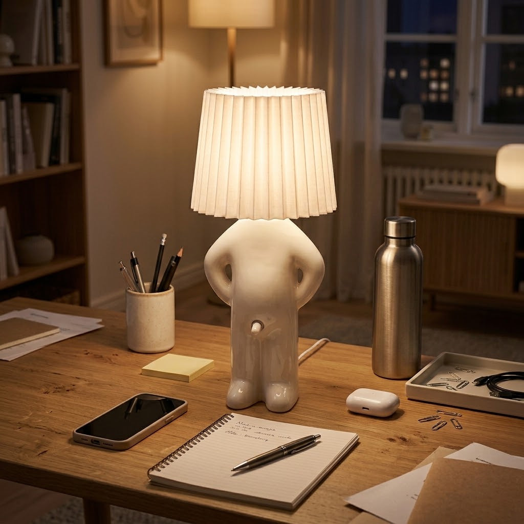Lampe de bureau personnage avec abat-jour plissé