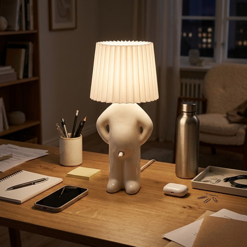 Lampe de bureau personnage avec abat-jour plissé