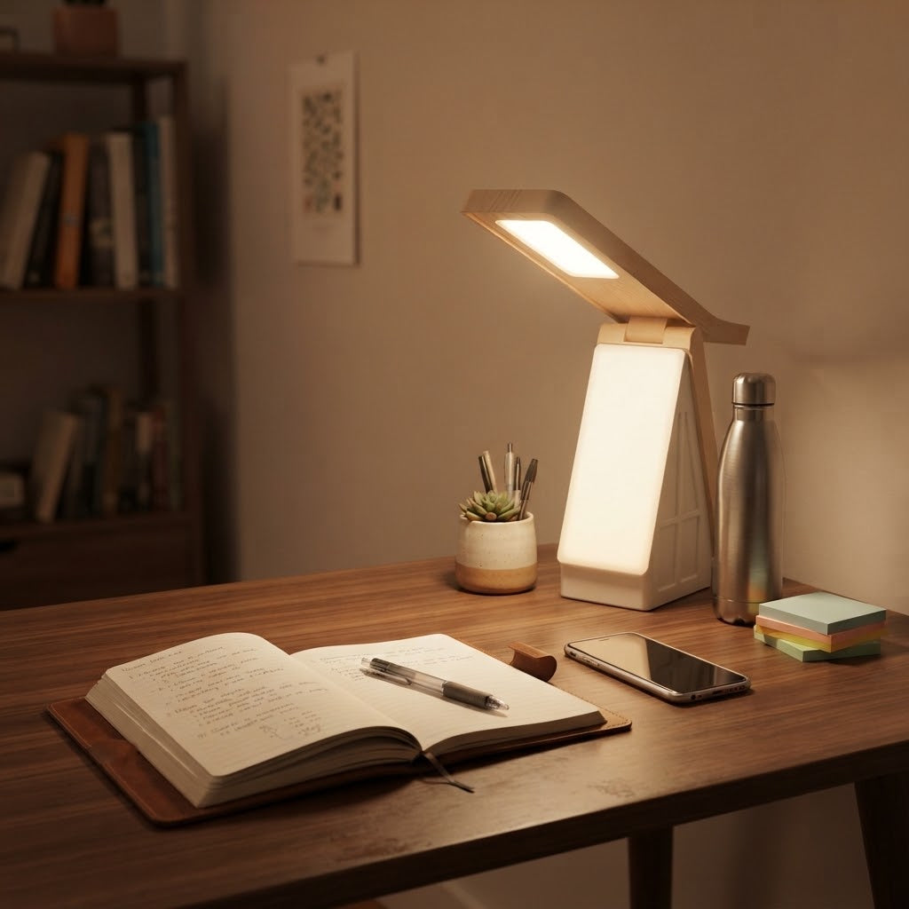 Lampe de bureau LED pliable en bois avec charge USB