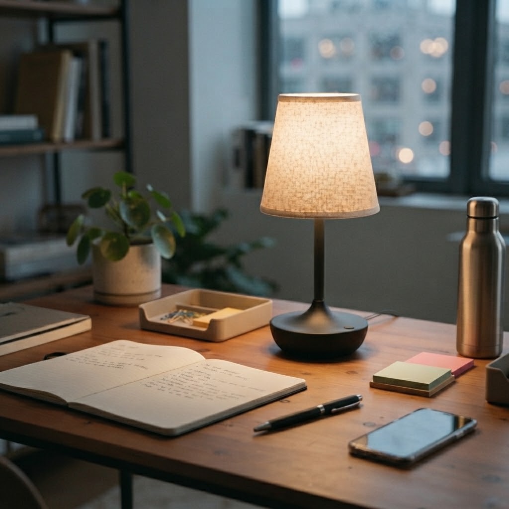 Lampe de bureau rechargeable avec abat-jour en tissu