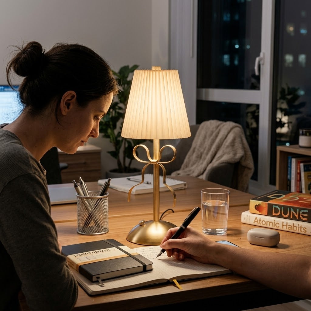 Lampe de bureau rétro dorée avec abat-jour plissé