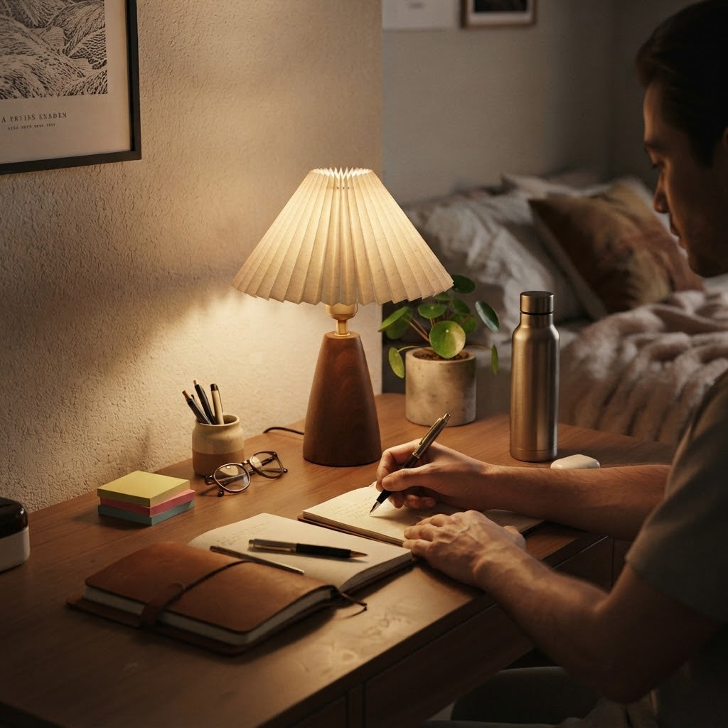 Lampe de bureau plissée avec pied en bois