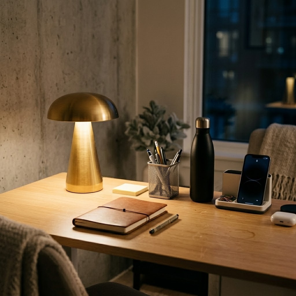 Lampe de bureau dorée sans fil