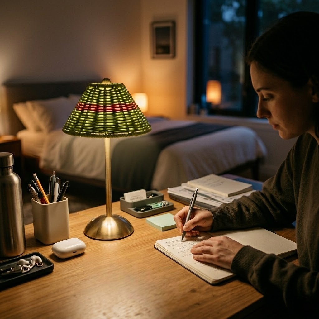 Lampe de bureau verte rotin