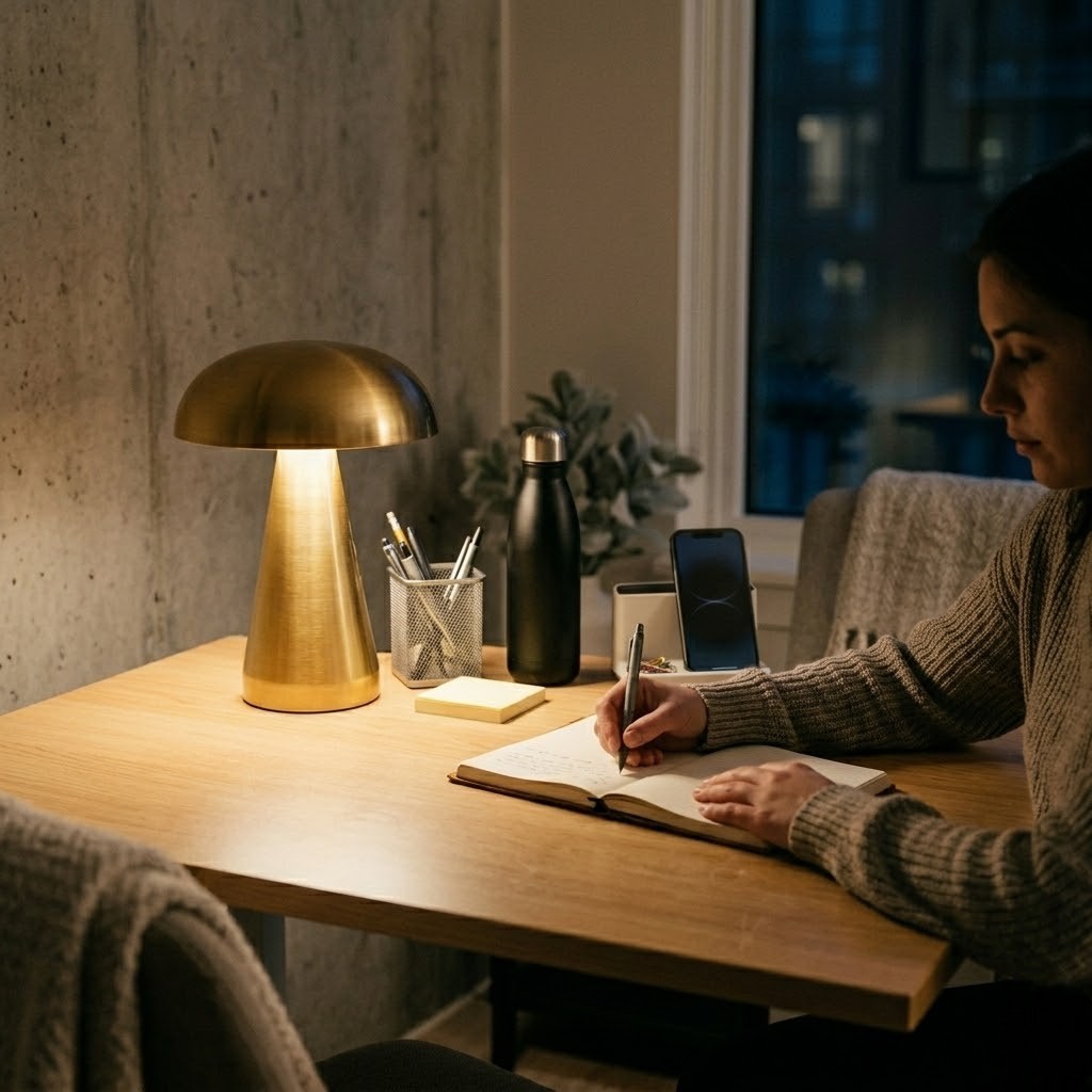 Lampe de bureau dorée sans fil