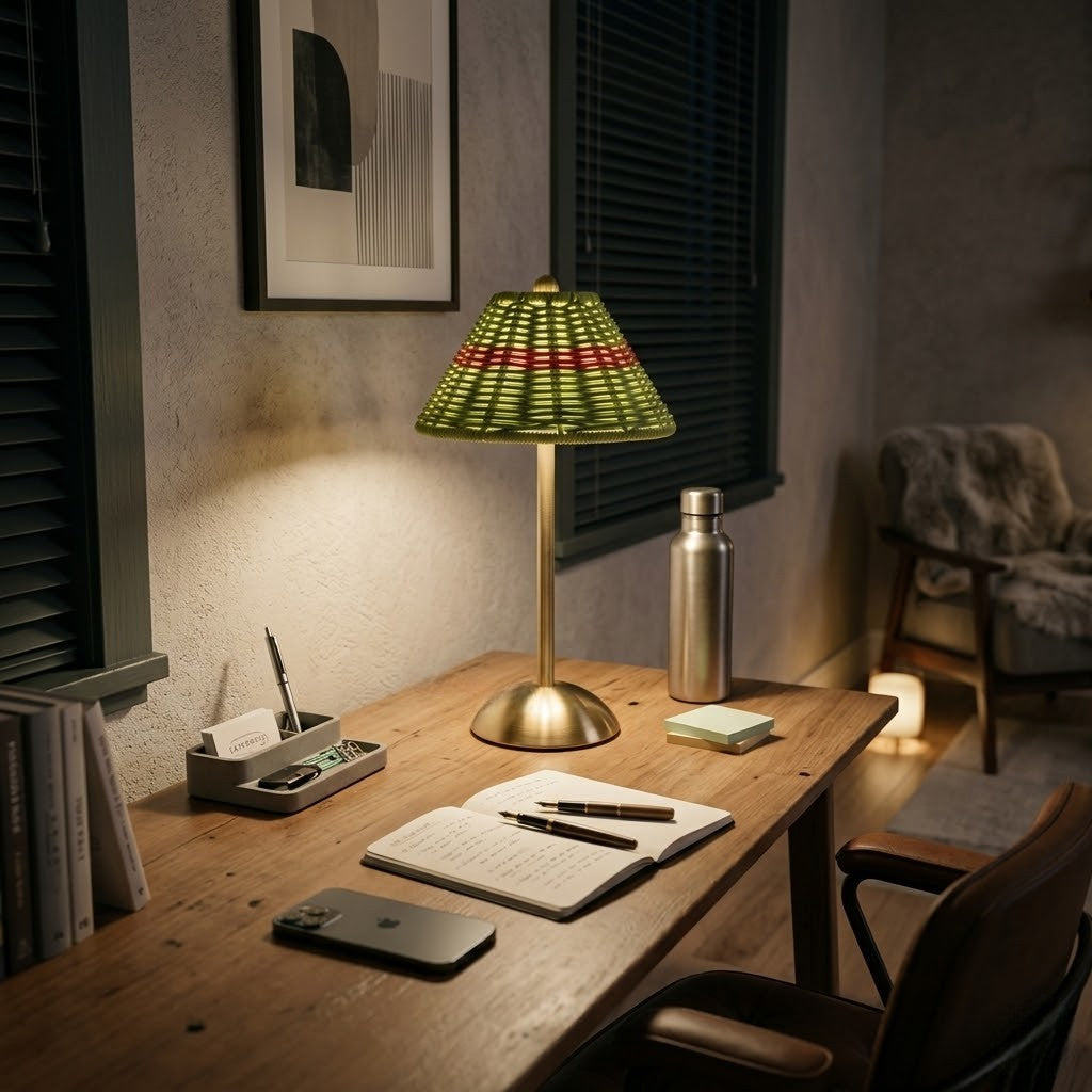 Lampe de bureau verte rotin